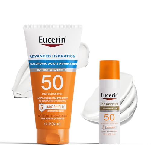 Eucerin Sonne Sonnenschutzpaket mit Hyaluronsäure Fortgeschrittene Hydratation SPF 50 Sonnencreme Lotion 5 Fl Oz Tube + Age Defense Gesichtsschutz Lotion SPF 50 Gesichtssonnencreme 2,5 Fl Oz Flasche